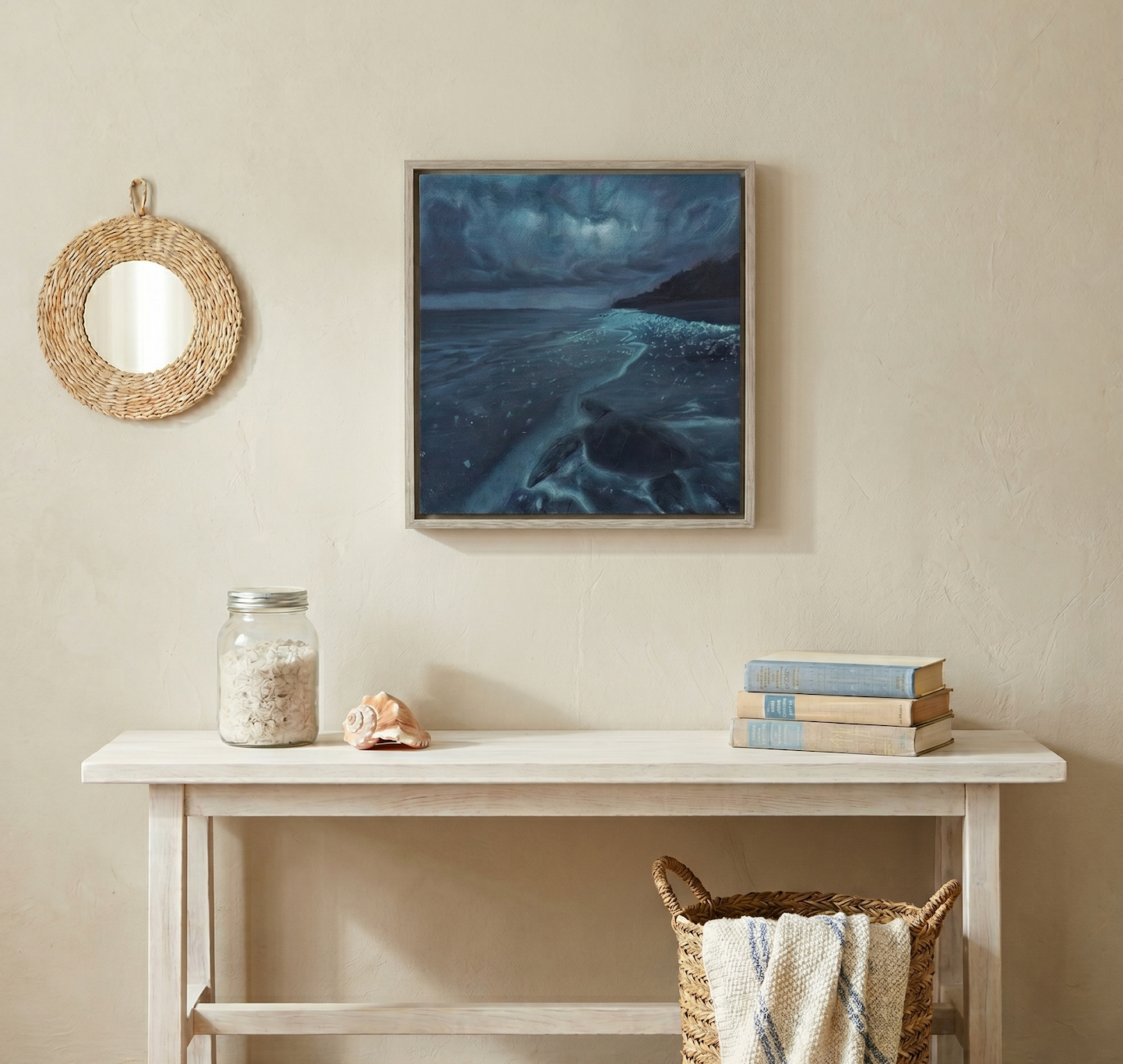 Dark blue ocean painting on canvas showing a sea turtle on a moonlit beach, framed in natural wood