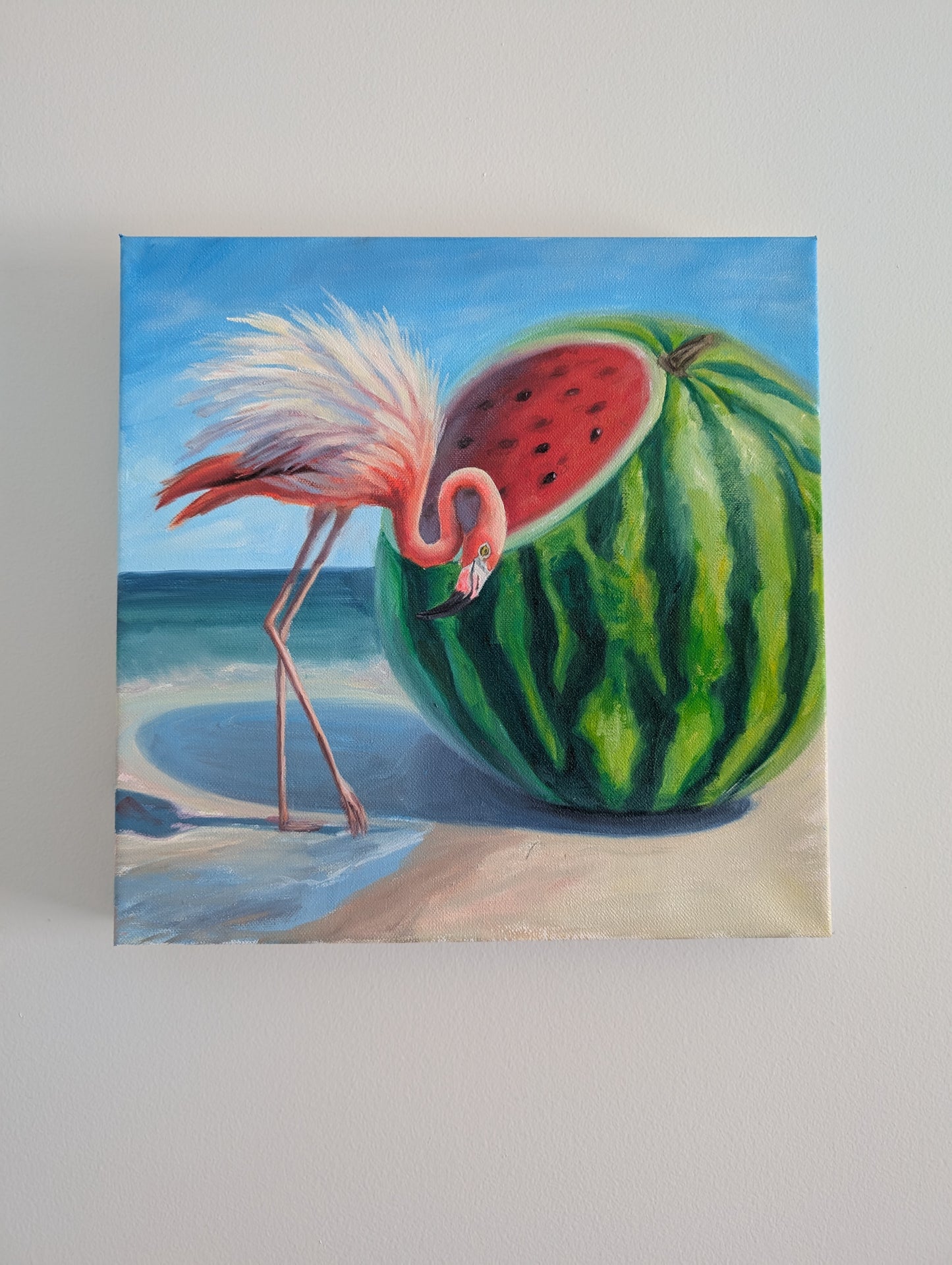 Colourful flamingo watermelon oil painting on canvas, small square original artwork