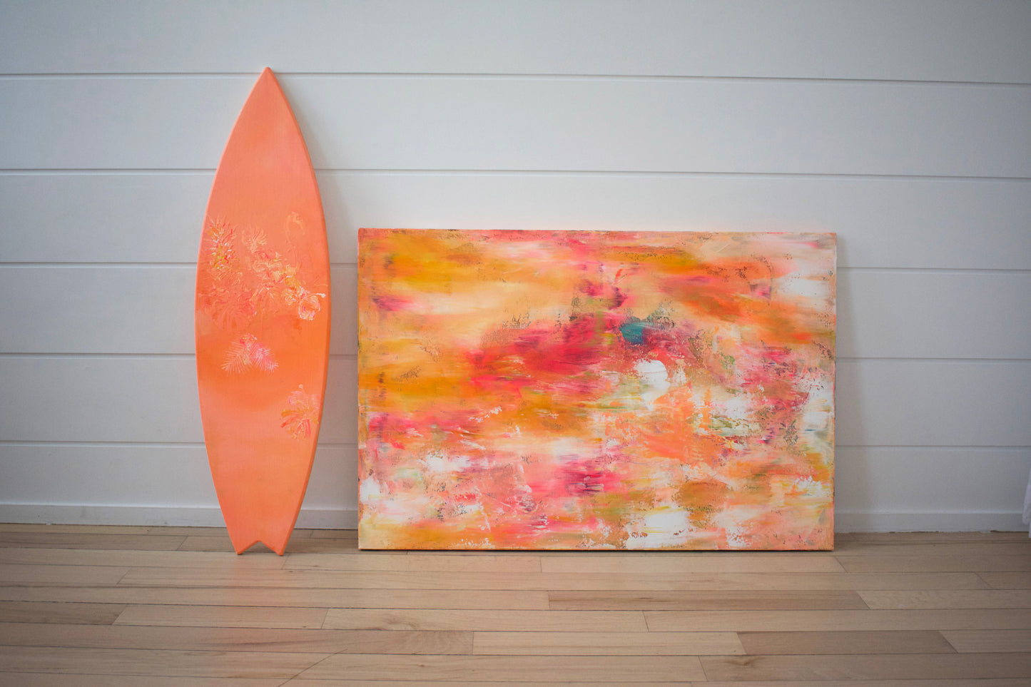 Driftwood (Double-Sided)— Peach Abstract Acrylic Painting on Wood Surfboard