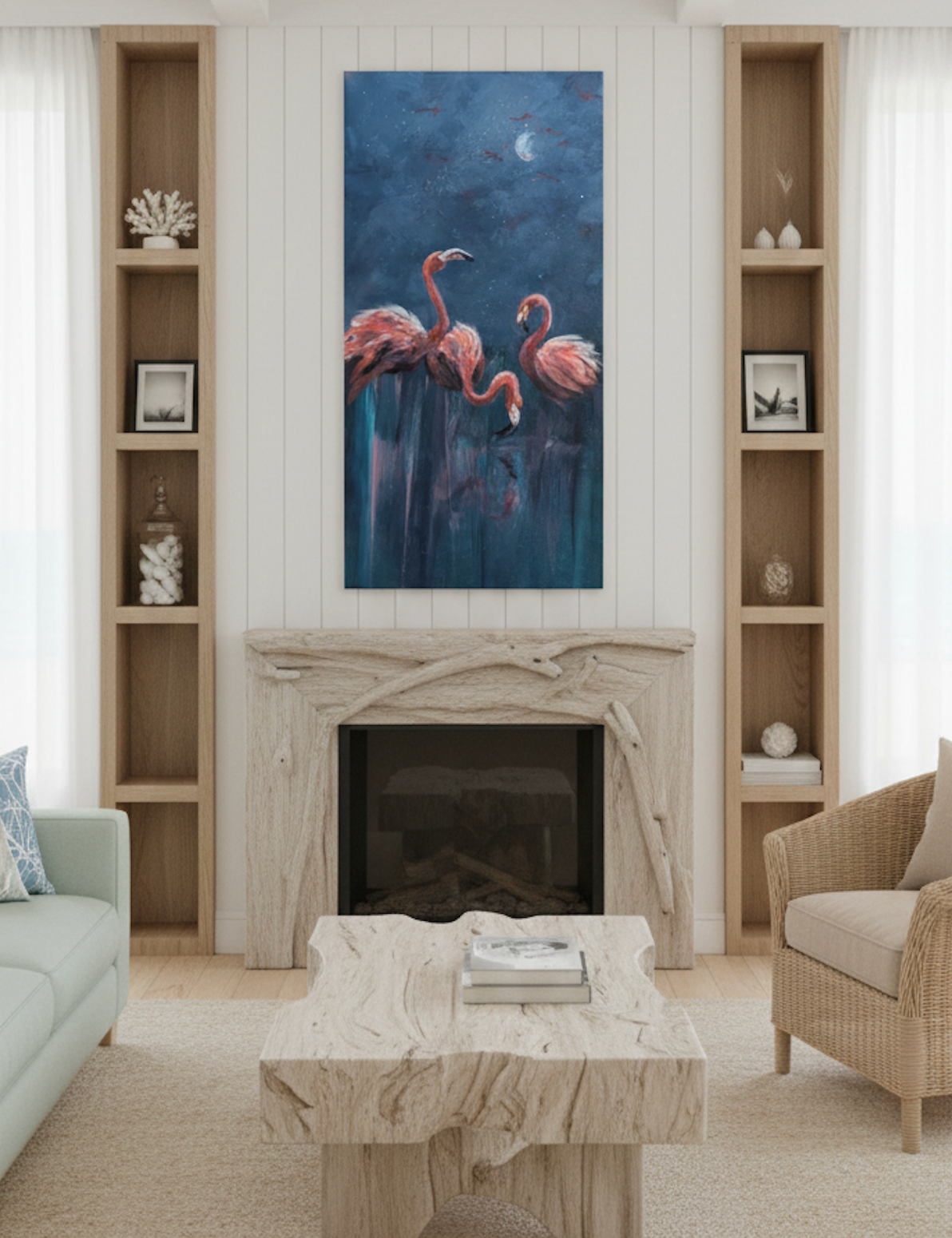 Vertical abstract oil painting on canvas in soft neutral tones, styled in coastal room