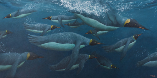 Gone Fishing is an acrylic painting by Katherine Polack of a group of penguins underwater swimming in the same direction and working together to find their next meal. This painting aims to represent the importance of community. The painting is 15 x 30" acrylic on canvas.