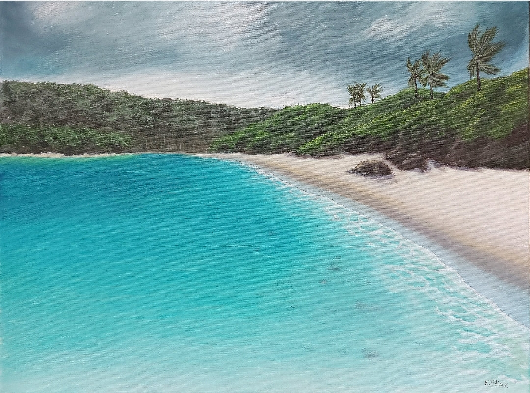 Stormy Tropics is an acrylic painting by Katherine Polack of a beautiful beach with turquoise water and light brown sand while the clouds are dark and stormy, the palm trees are swaying, and the water is eerily still as a storm approaches. This painting is 18 x 24" acrylic on canvas.