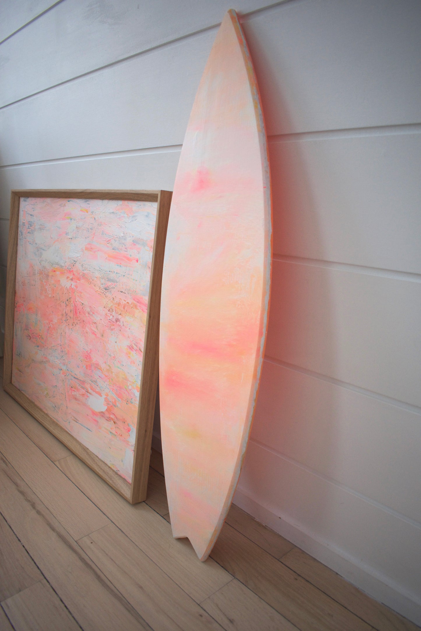 Driftwood (Double-Sided)— Peach Abstract Acrylic Painting on Wood Surfboard