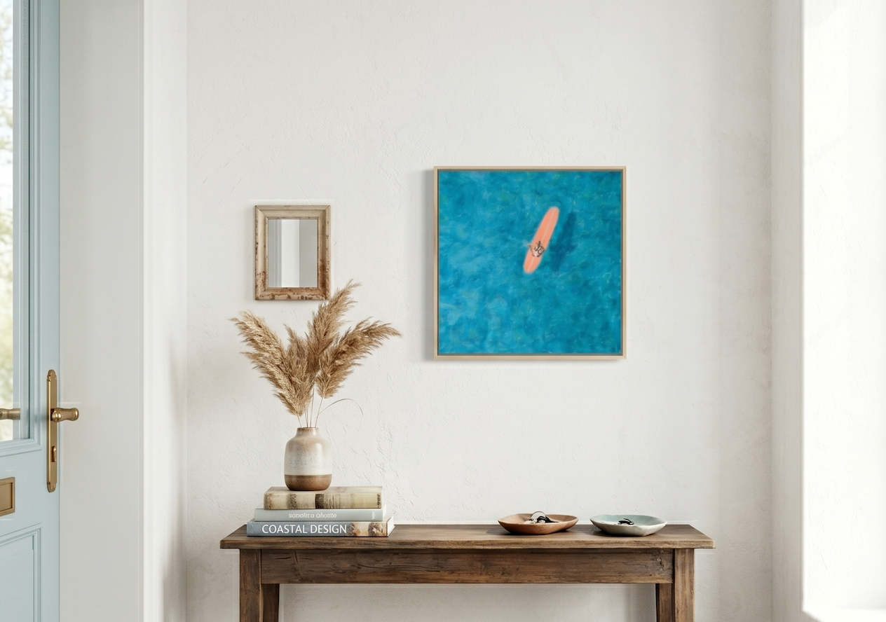 Stillness — Teal Ocean Surfer Painting on Wood Panel