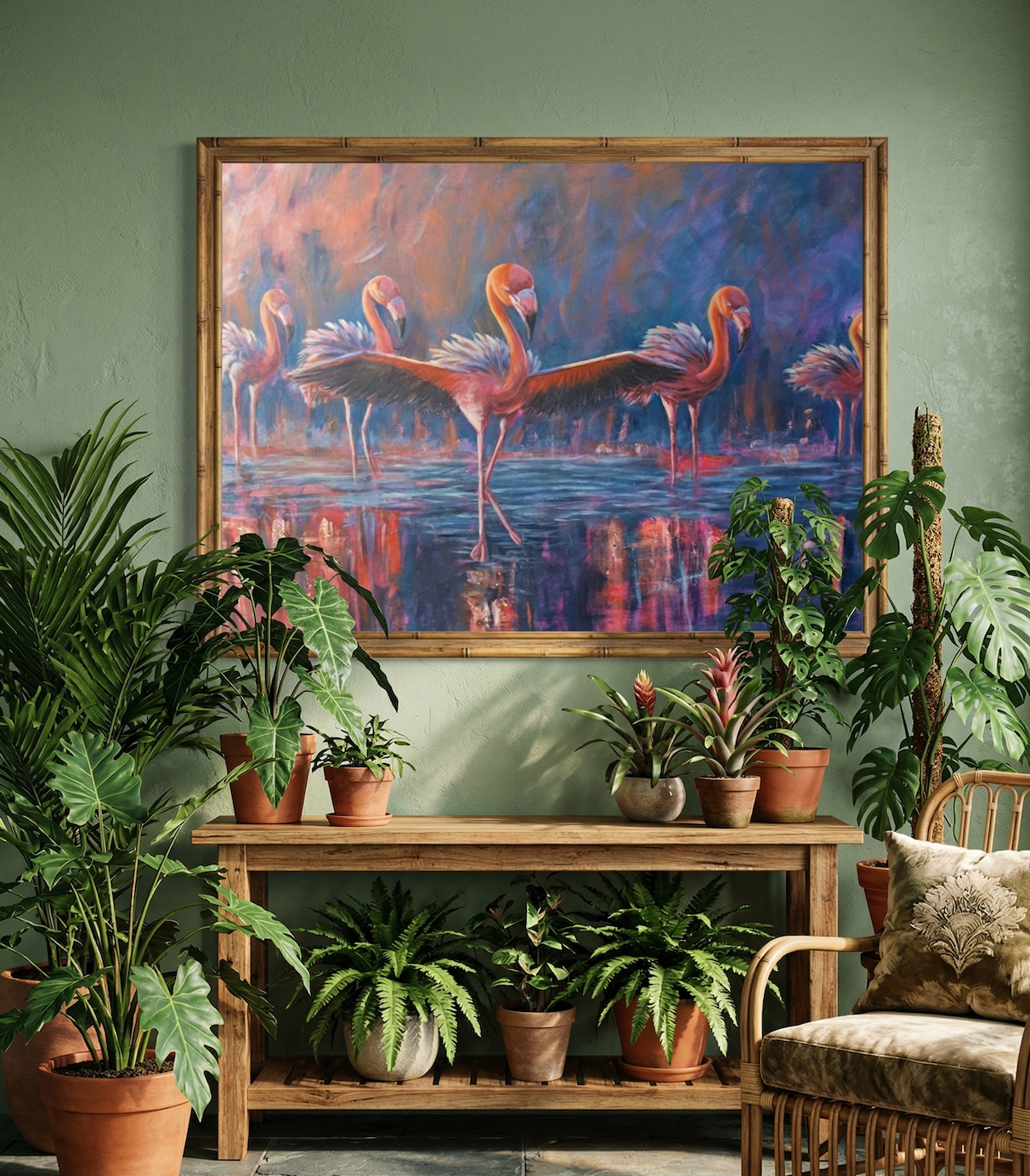 Large abstract mixed media canvas painting in warm tones hung in a tropical living room
