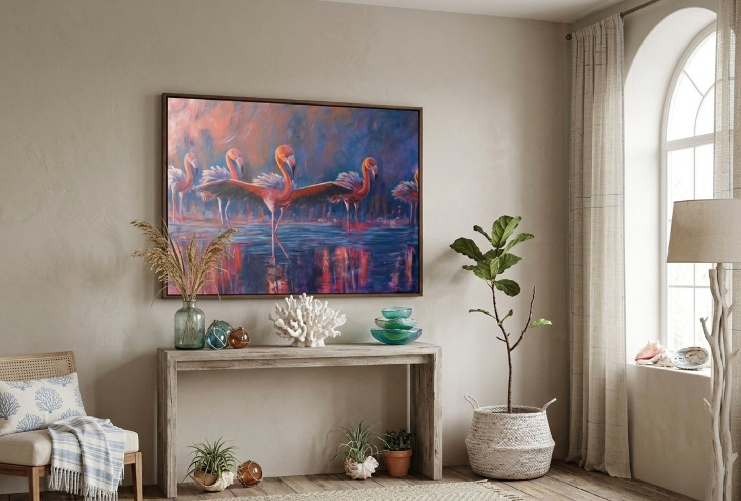 Large abstract flamingo mixed media canvas painting in warm tones hung in a coastal room