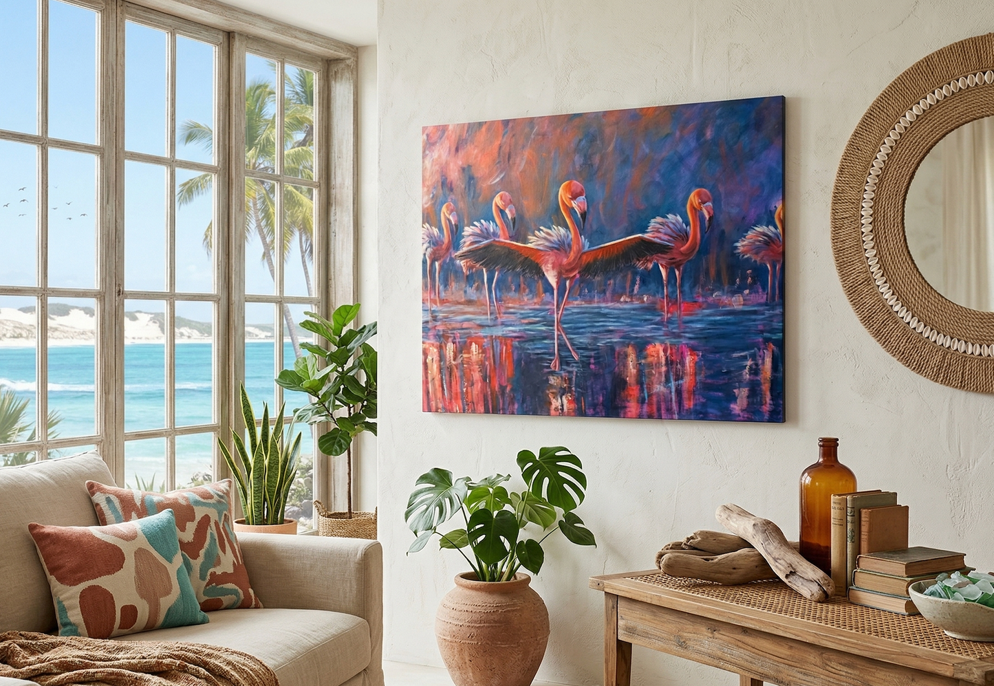 Large abstract mixed media canvas painting in warm tones hung in a spacious coastal living room