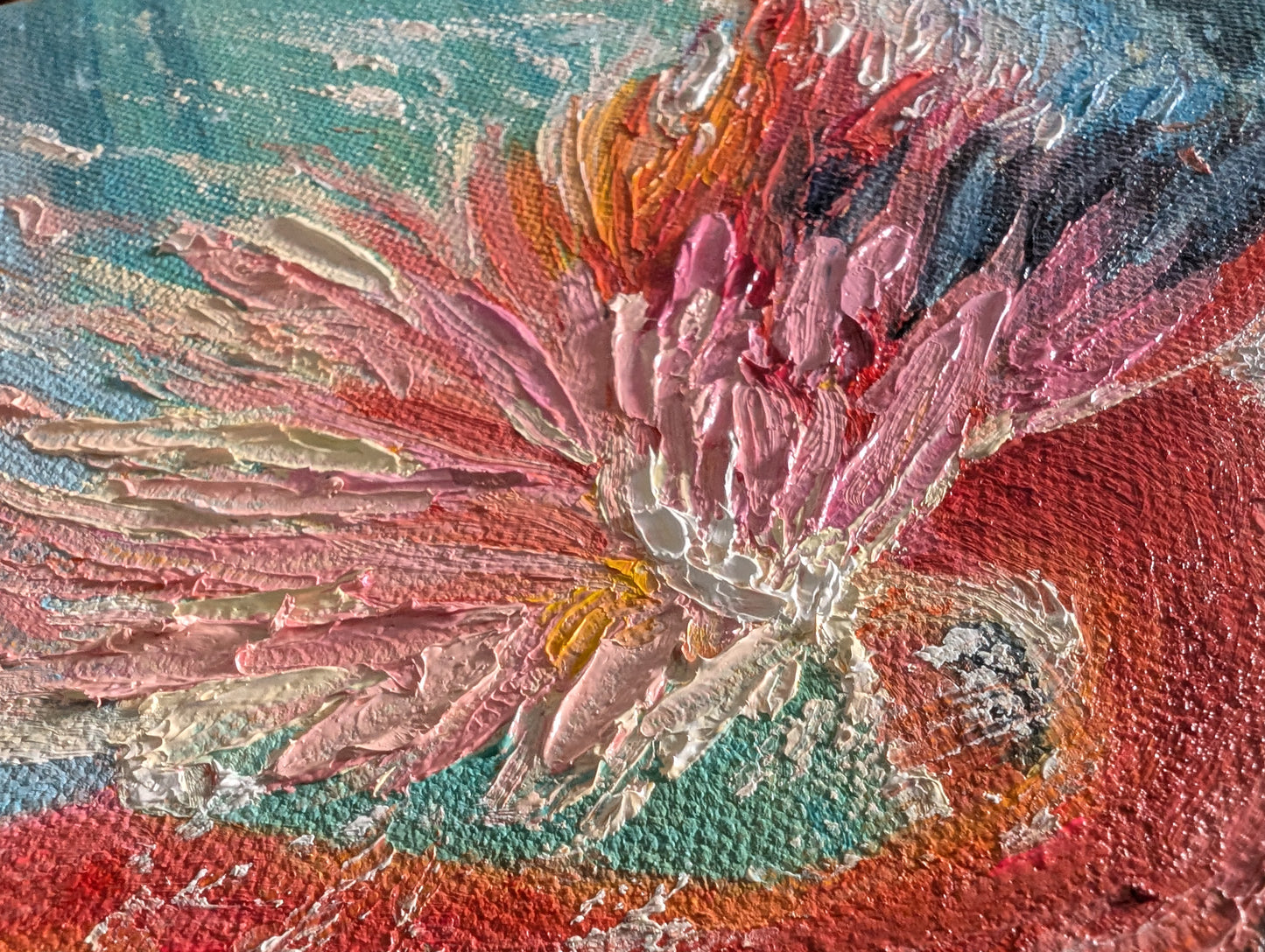 Pink flamingo painting on canvas with heavy texture, flamingo spreading wings in turquoise water