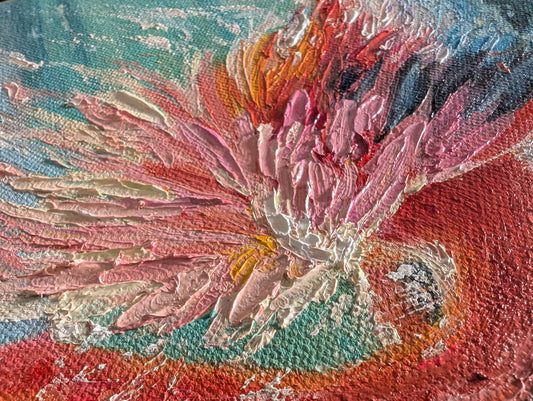 Pink flamingo painting on canvas with heavy texture, flamingo spreading wings in turquoise water