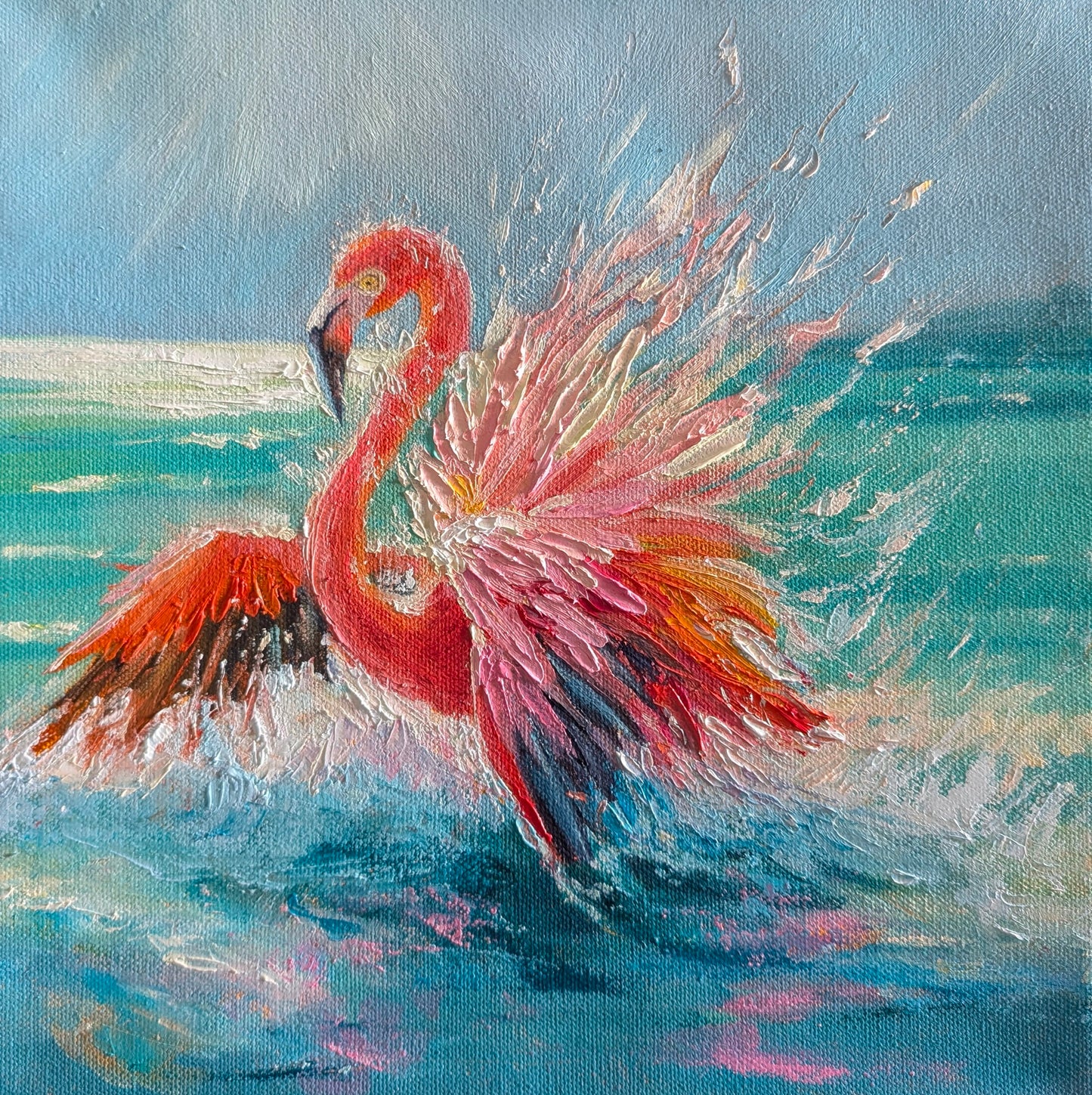 Pink flamingo painting on canvas with heavy texture, flamingo spreading wings in turquoise water