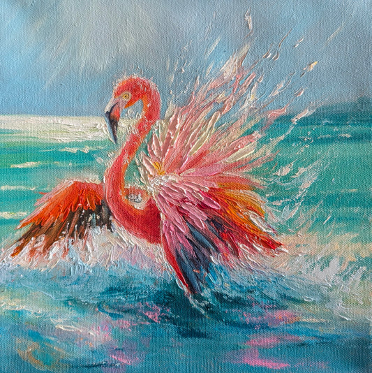 Pink flamingo painting on canvas with heavy texture, flamingo spreading wings in turquoise water