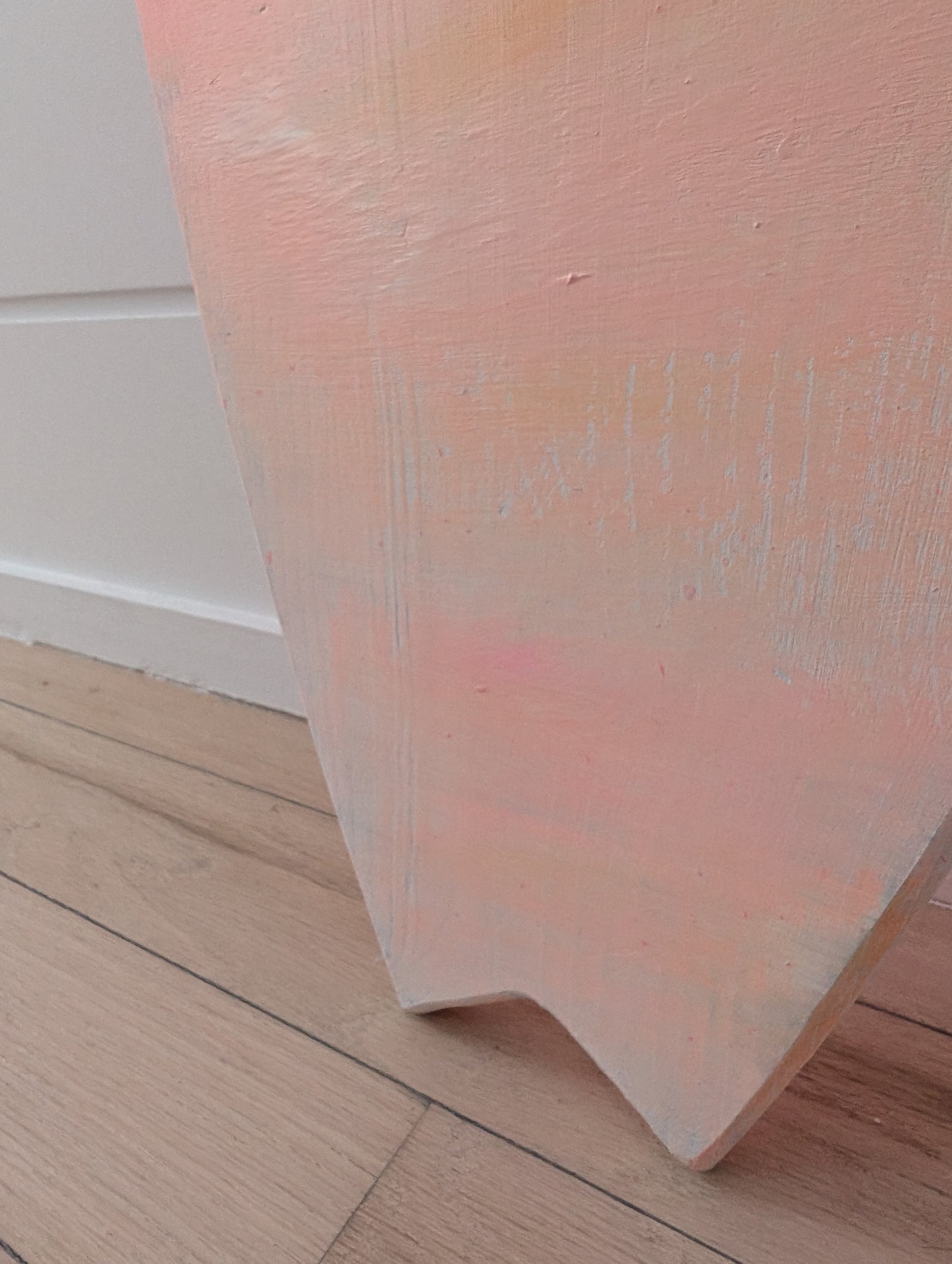 Driftwood (Double-Sided)— Peach Abstract Acrylic Painting on Wood Surfboard