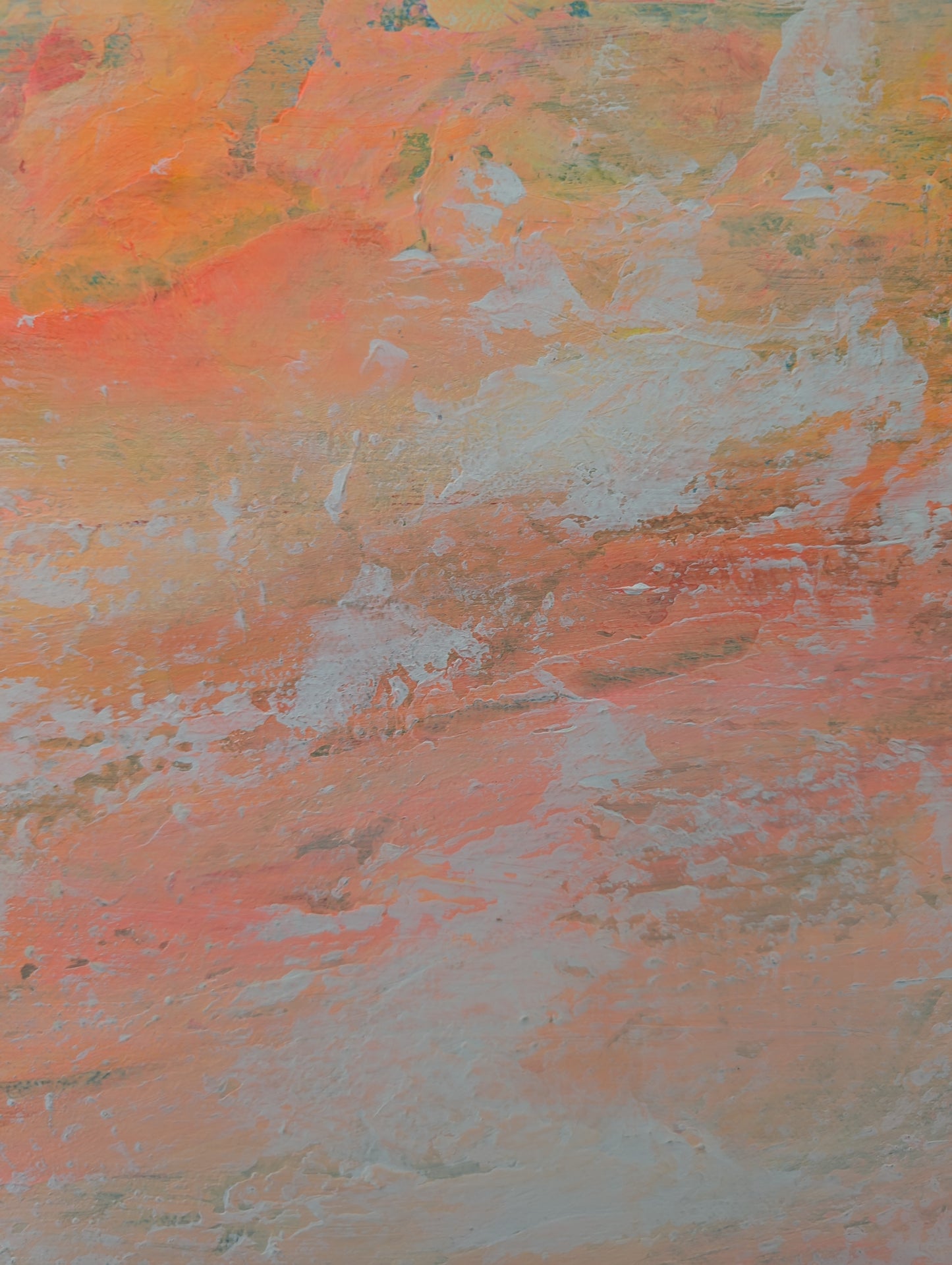 orange peach and white abstract acrylic painting on canvas with palette knife texture in natural wood frame
