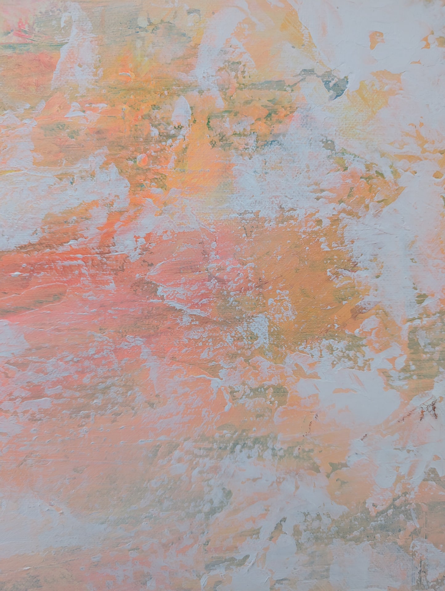 orange peach and white abstract acrylic painting on canvas with palette knife texture in natural wood frame