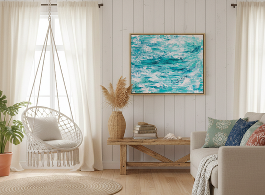 Calming blue abstract acrylic painting on canvas in turquoise tones, coastal room