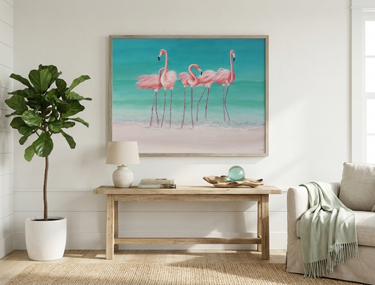 Tropical Reunion — Large Pink Flamingo Painting on Canvas