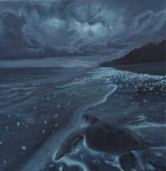 Dark blue ocean painting on canvas showing a sea turtle on a moonlit beach