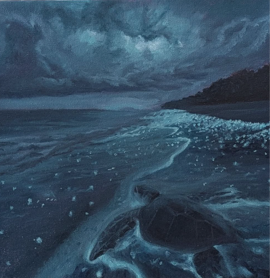 Dark blue ocean painting on canvas showing a sea turtle on a moonlit beach