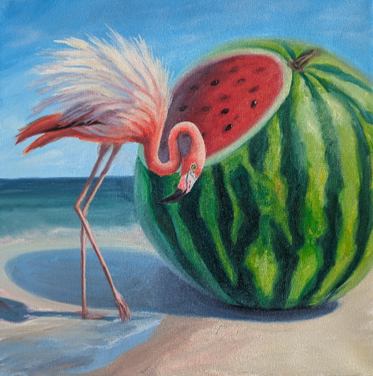 Colourful flamingo watermelon oil painting on canvas, square original artwork