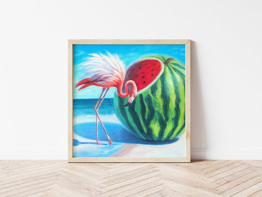 Colourful flamingo watermelon oil painting on canvas, square original artwork