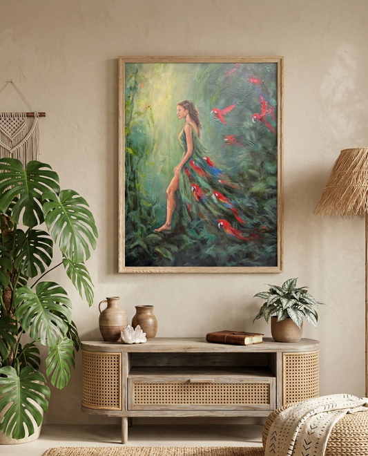Large green abstract oil painting on canvas hung in a modern living room