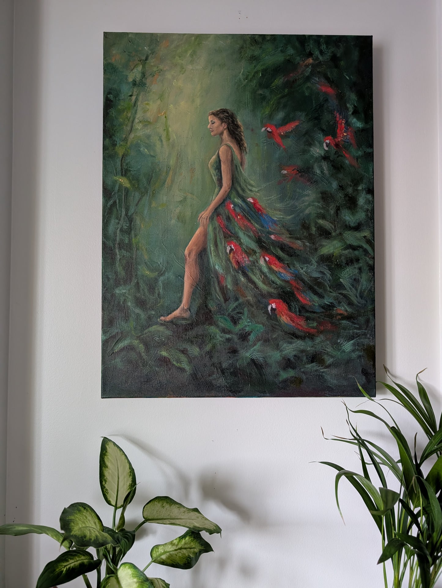 Large green and red abstract oil painting on canvas