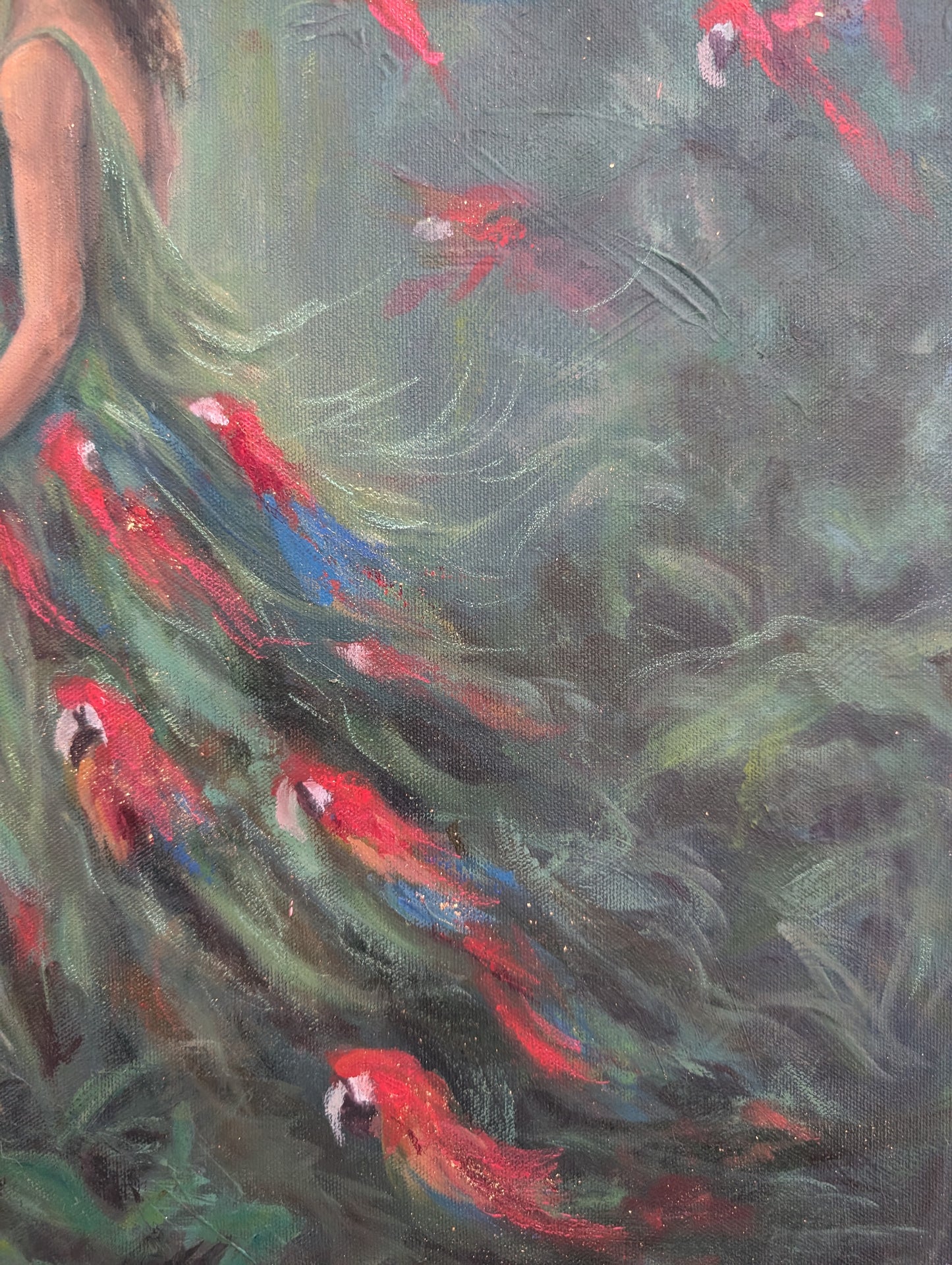 Large green and red abstract oil painting on canvas 