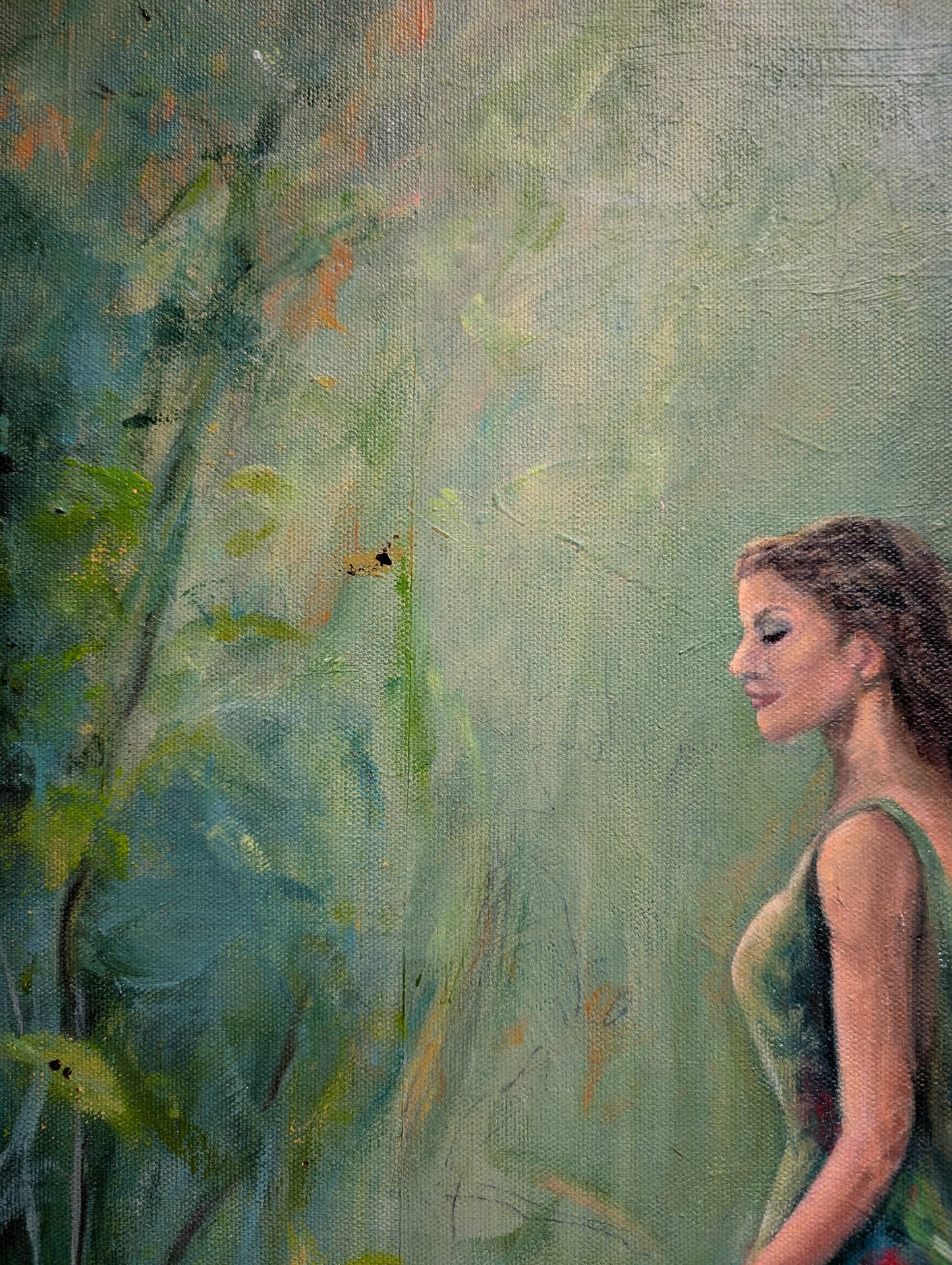 Large green tropical portrait oil painting on canvas