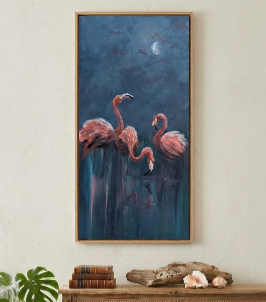 Vertical flamingo oil painting on canvas in soft neutral tones, styled in a hallway