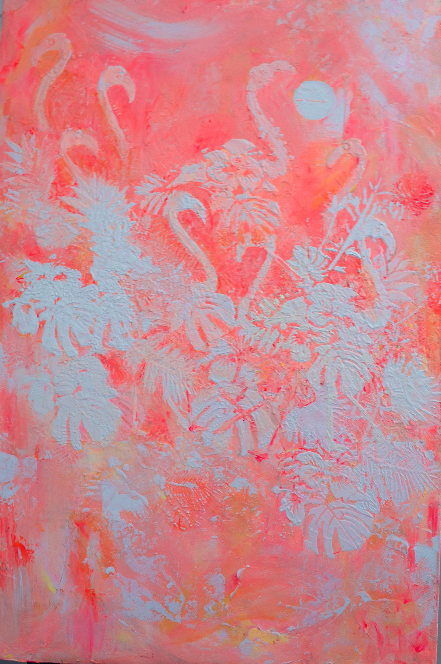 Coral abstract flamingo acrylic painting on canvas with organic marks