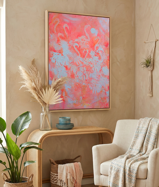 Pink flamingo acrylic painting on canvas with organic marks in coastal room