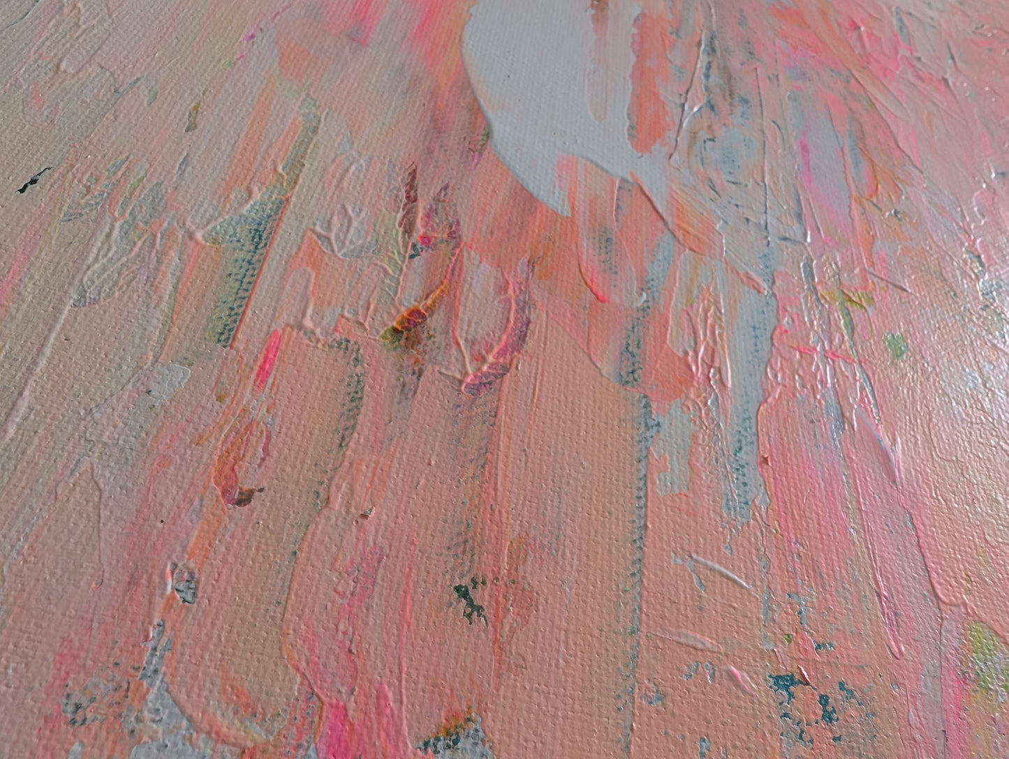 pink coral and peach abstract acrylic painting on canvas with palette knife texture