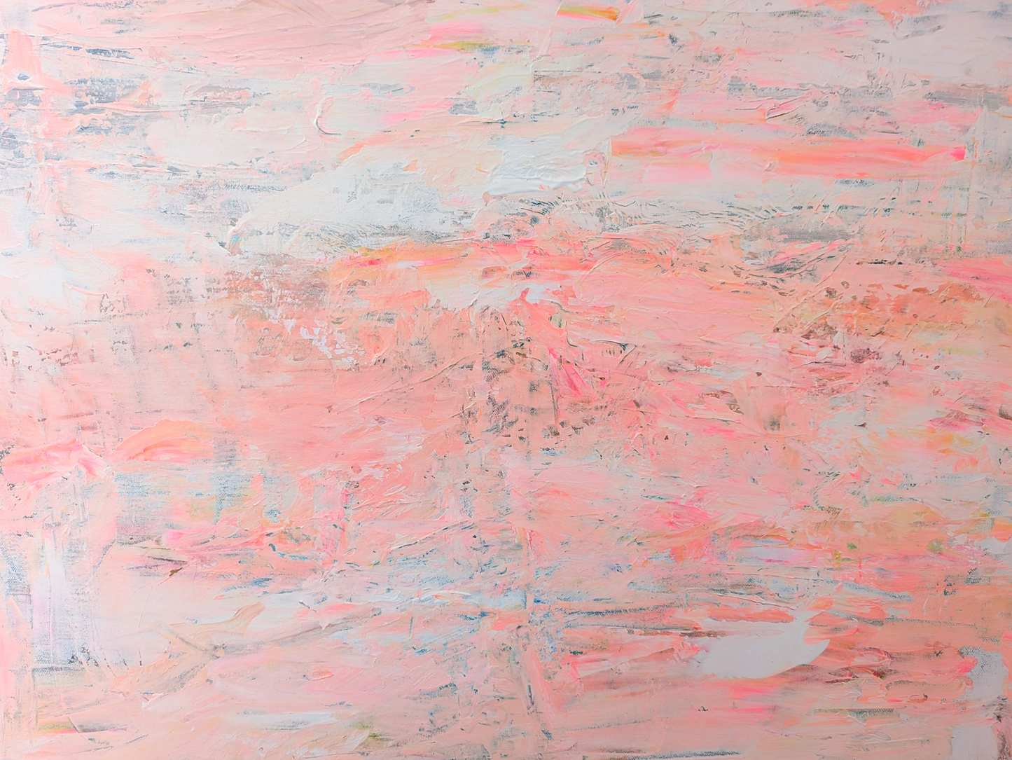 pink coral and peach abstract acrylic painting on canvas with palette knife texture in natural wood frame