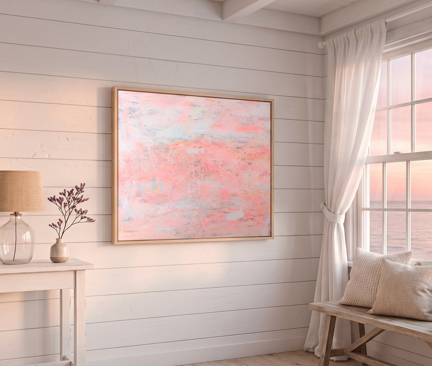 pink coral and peach abstract acrylic painting on canvas with palette knife texture in natural wood frame