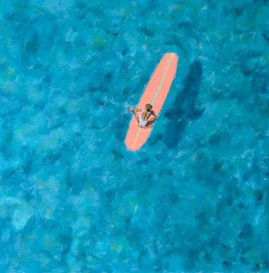 Teal ocean surfer painting on wood panel, aerial view of woman on coral pink surfboard in turquoise water