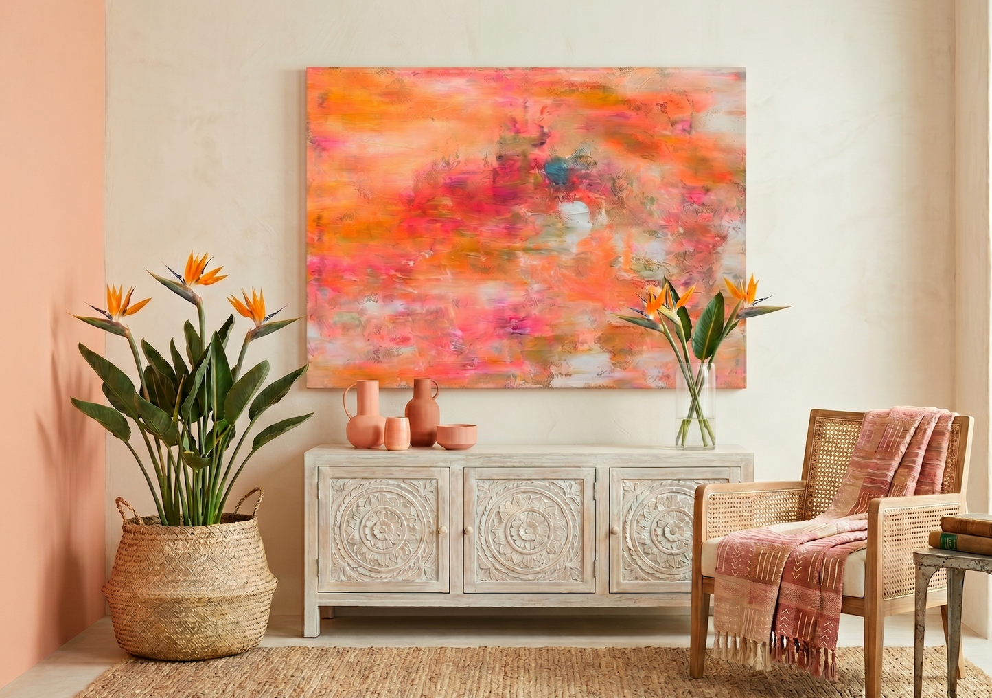 large abstract canvas wall art in warm orange and fuchsia tones living room statement piece