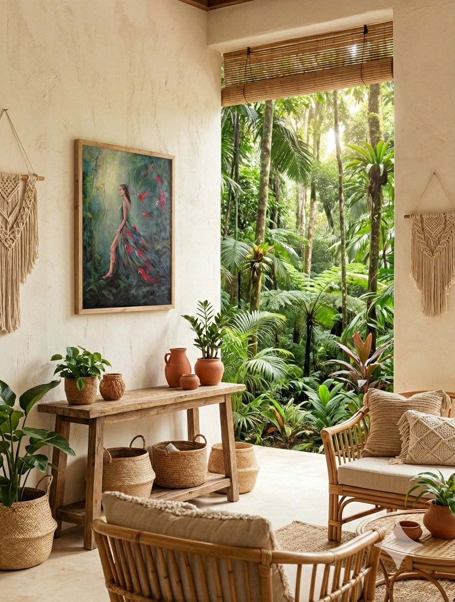 Large green abstract oil painting on canvas hung in a coastal living room