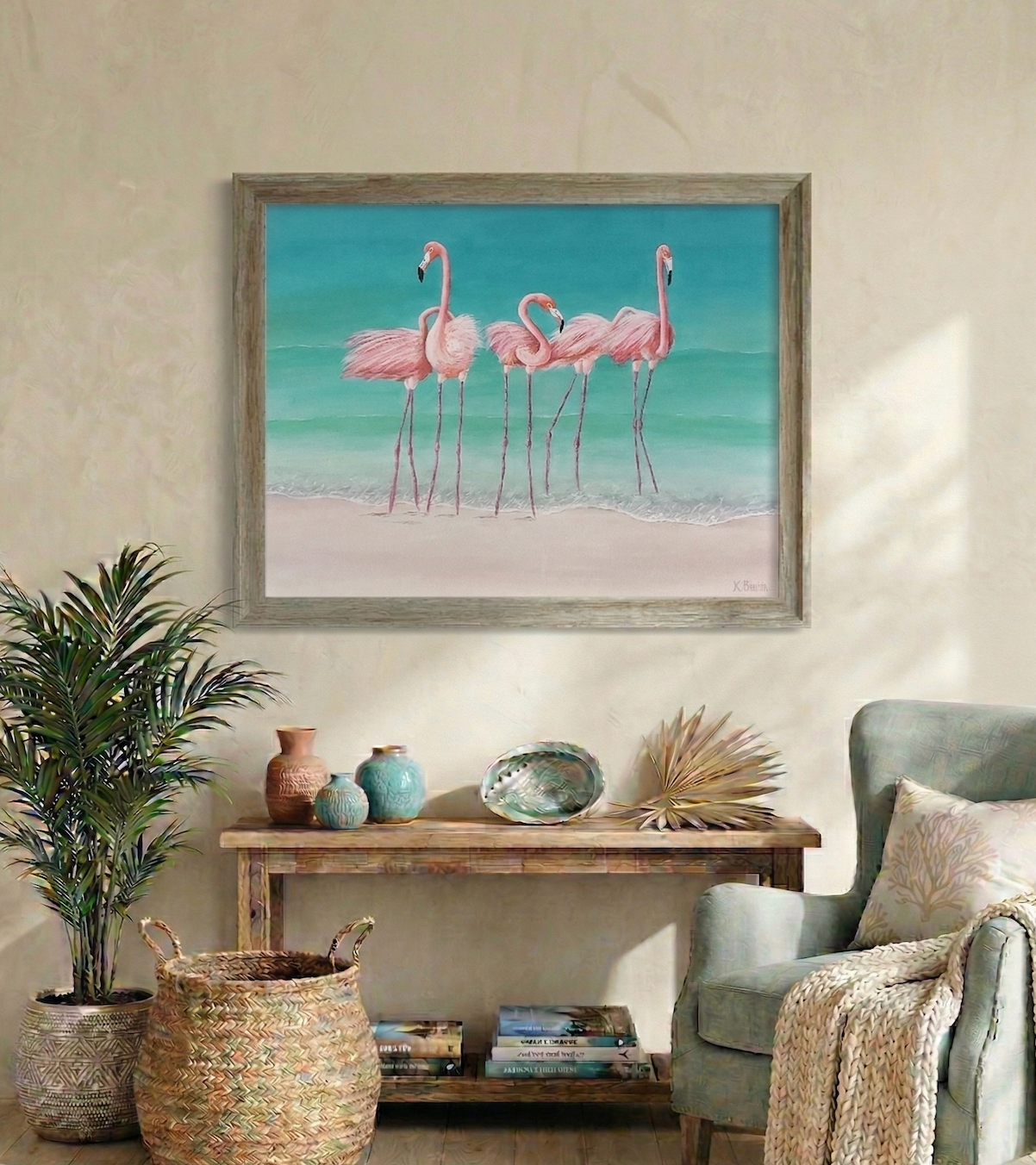 Large pink flamingo painting on canvas framed in driftwood, styled above a console table in a coastal boho living room