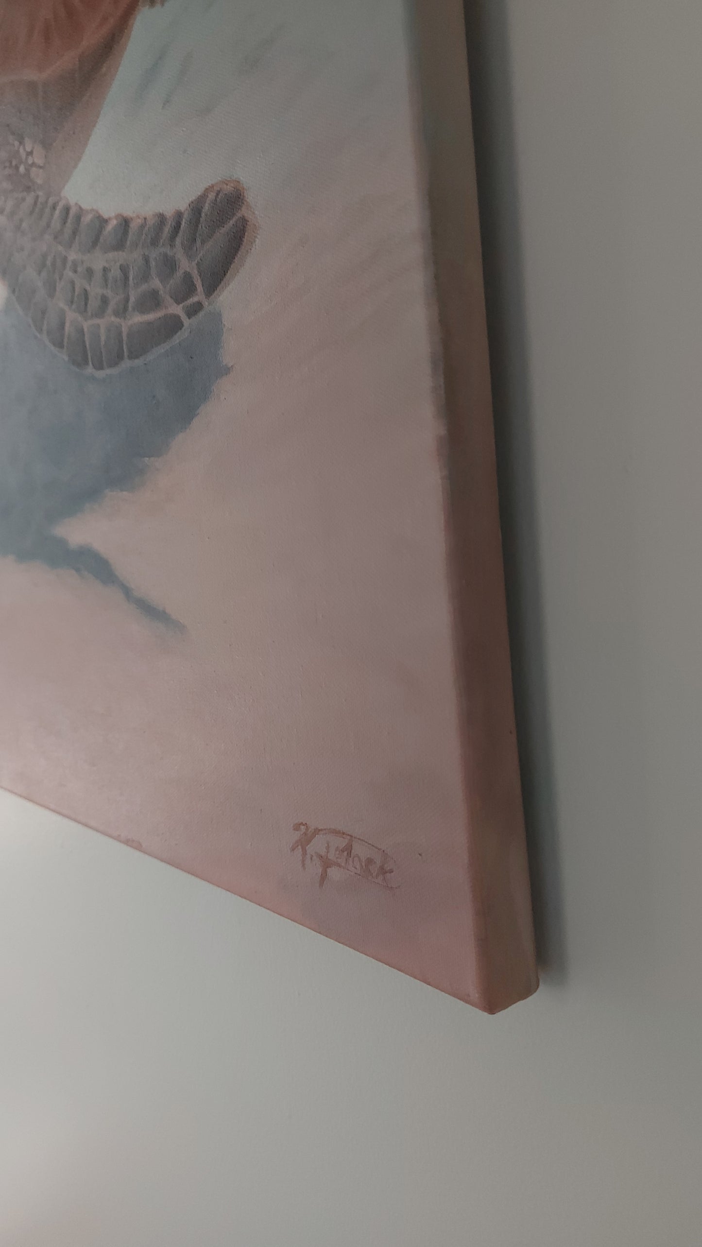 Large sea turtle painting on canvas in soft blue and blush tones