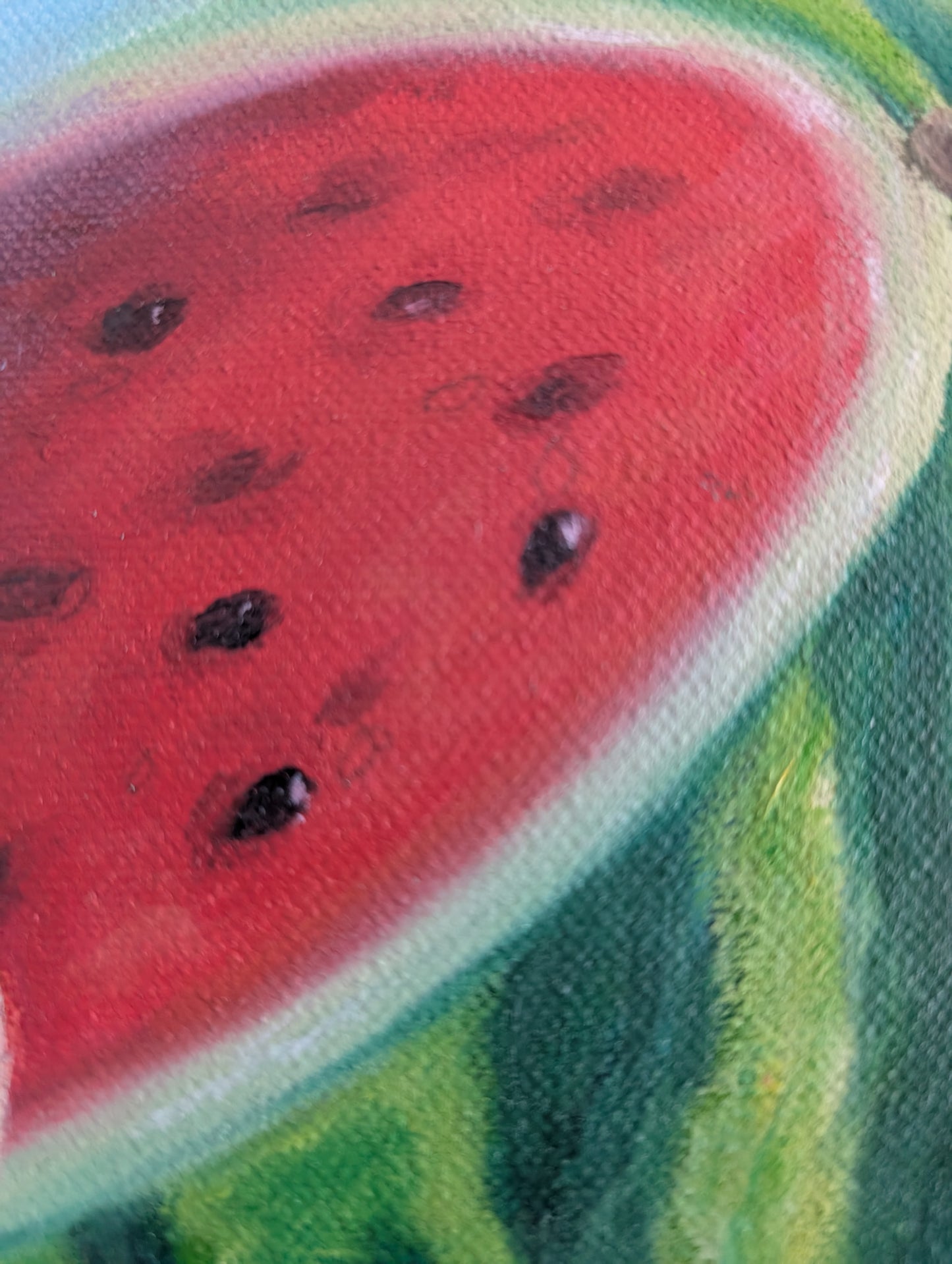 Colourful flamingo watermelon oil painting on canvas, small square original artwork