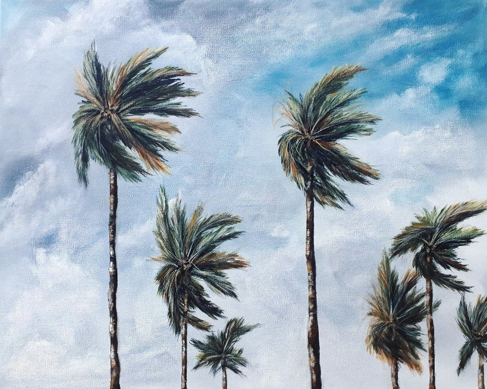 Palm Breeze is an acrylic painting of seven palm trees swaying in the wind as the clouds begin to from on a warm summer day. Painted by Katherine Polack