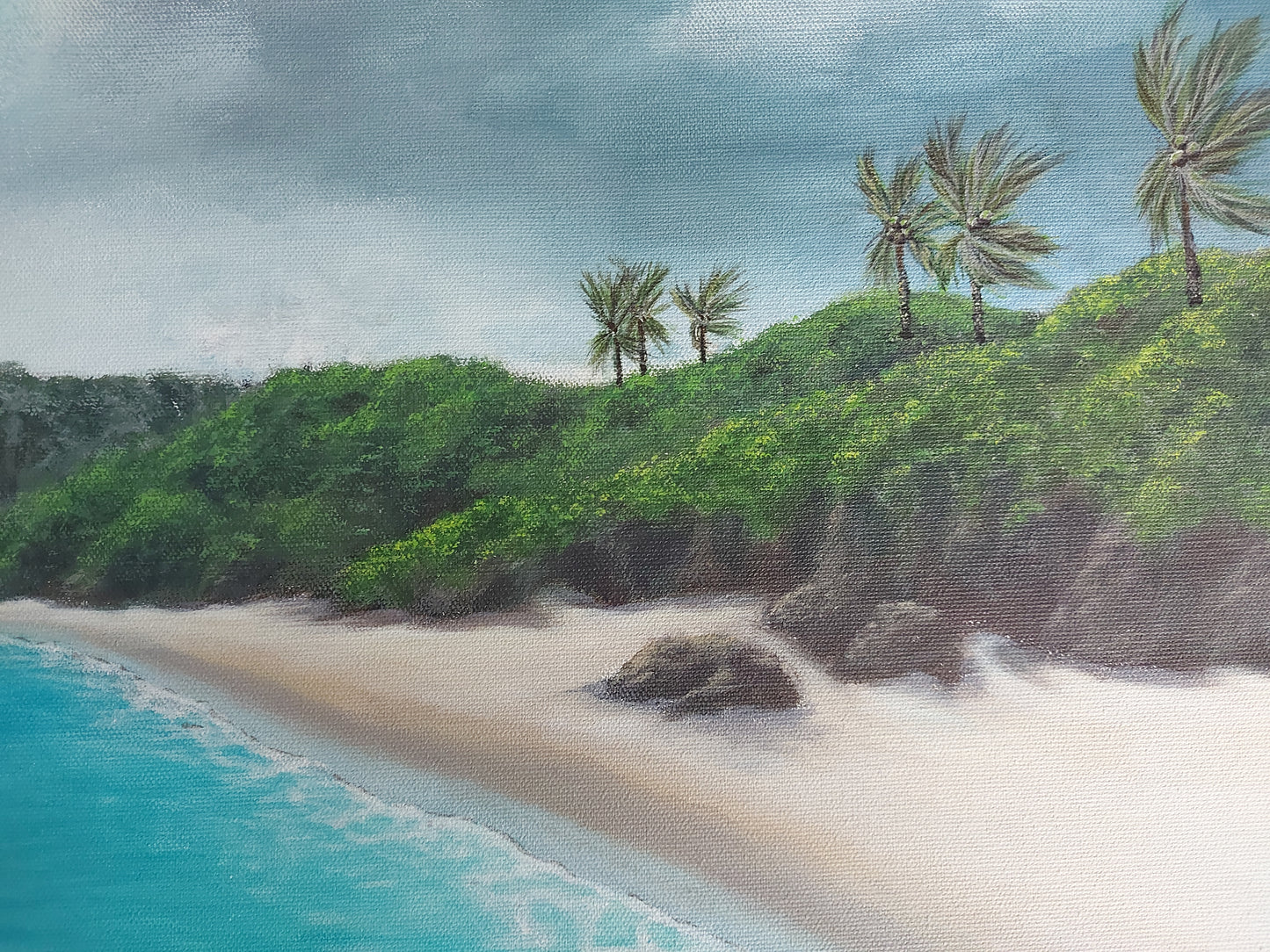 Stormy Tropics is an acrylic painting by Katherine Polack of a beautiful beach with turquoise water and light brown sand while the clouds are dark and stormy, the palm trees are swaying, and the water is eerily still as a storm approaches. This painting is 18 x 24" acrylic on canvas.