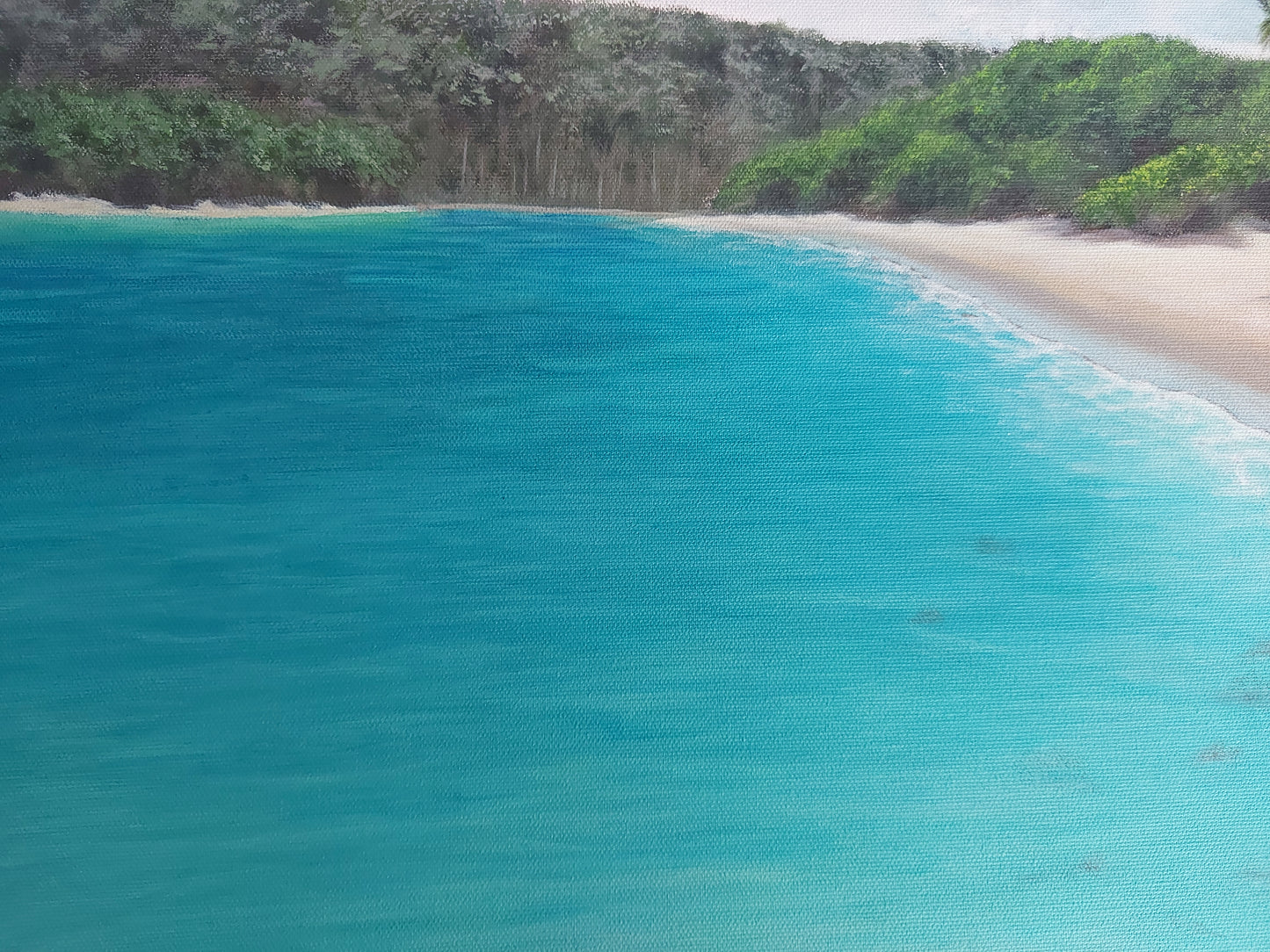 Stormy Tropics is an acrylic painting by Katherine Polack of a beautiful beach with turquoise water and light brown sand while the clouds are dark and stormy, the palm trees are swaying, and the water is eerily still as a storm approaches. This painting is 18 x 24" acrylic on canvas.