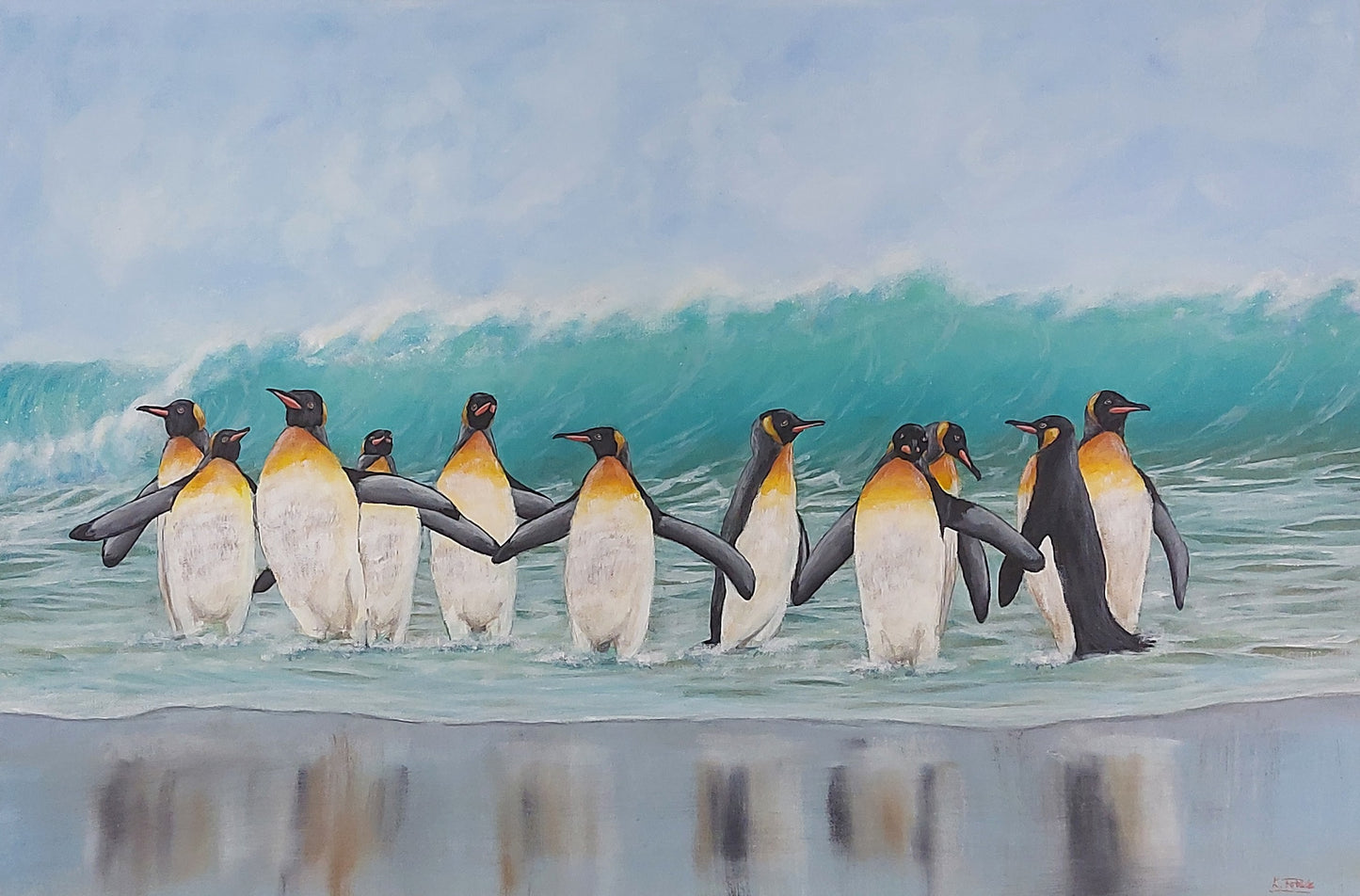 Shore Waddle is an acrylic painting by Katherine Polack. The painting is of a large group of penguins on the seashore watching their reflections as a bright turquoise wave forms behind them against the gloomy grey sky. The painting is 20 x 30" acrylic on canvas.