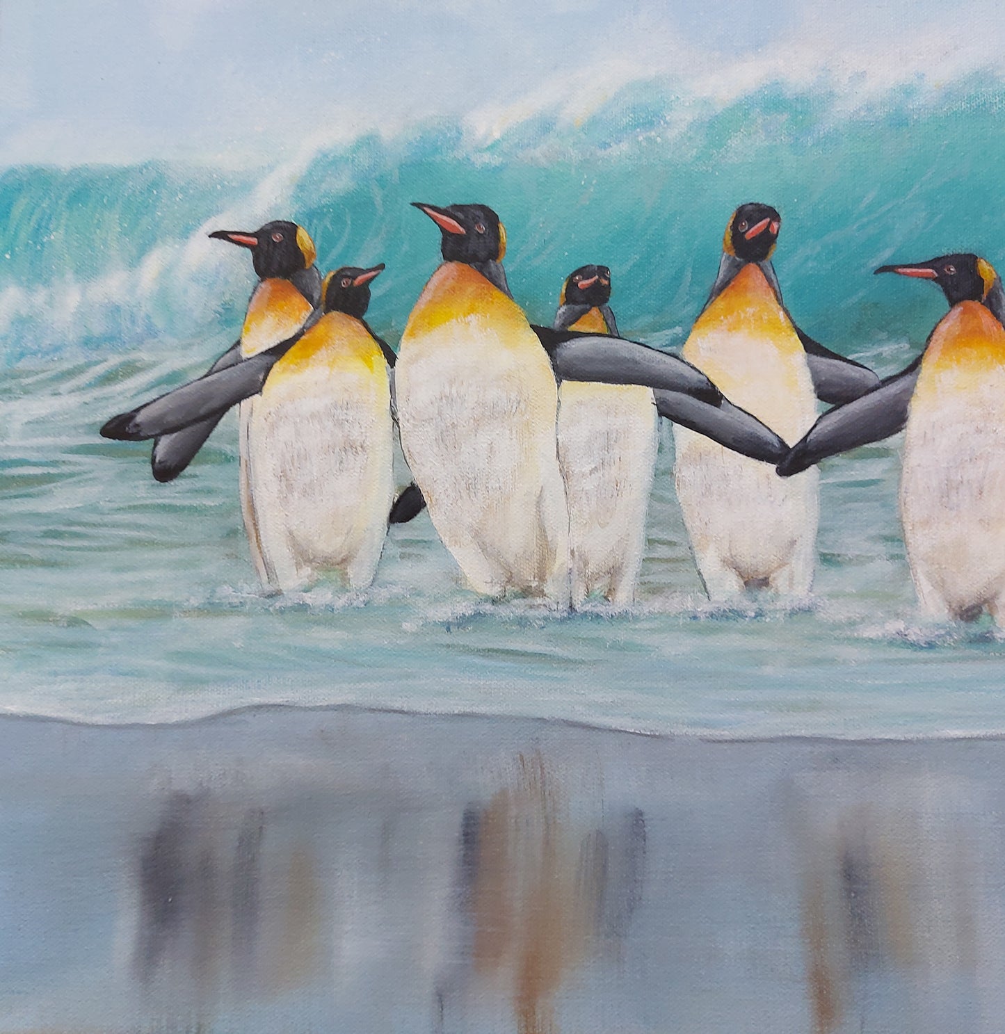 Shore Waddle is an acrylic painting by Katherine Polack. The painting is of a large group of penguins on the seashore watching their reflections as a bright turquoise wave forms behind them against the gloomy grey sky. The painting is 20 x 30" acrylic on canvas.