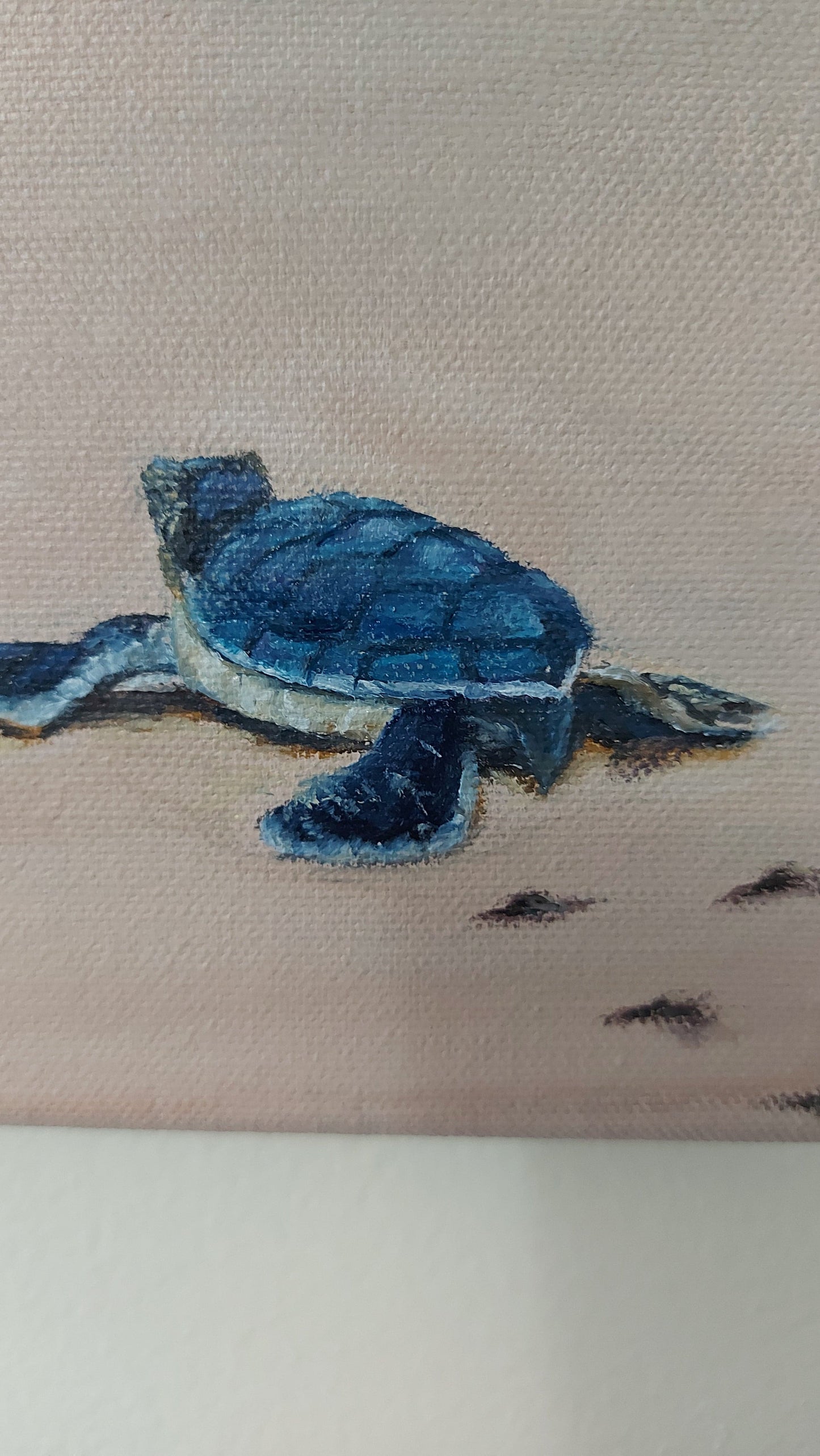 Hatchling (IV) is a painting of a turtle hatchling quickly making its way to the ocean after hatching.  5 x 7" oil on canvas Katherine Polack