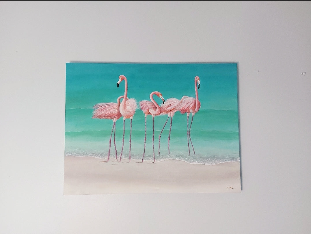 Tropical Reunion is a painting by Katherine Polack that aims to capture a refreshing summer lightness. It is a painting of five flamingos standing on the shore of a turquoise beach. This painting was created mid pandemic as a visual escape and a dream of reuniting with friends and family. The painting is 18 x 24" acrylic on canvas