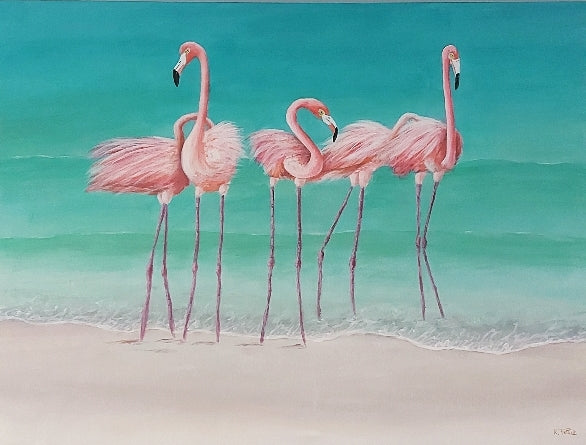 Tropical Reunion is a painting by Katherine Polack that aims to capture a refreshing summer lightness. It is a painting of five flamingos standing on the shore of a turquoise beach. This painting was created mid pandemic as a visual escape and a dream of reuniting with friends and family. The painting is 18 x 24" acrylic on canvas